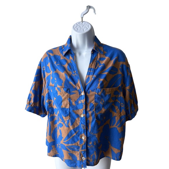 Every Tops - Every Linen Blend Tropical Print Button Up Short Sleeve Shirt Blue Brown Small